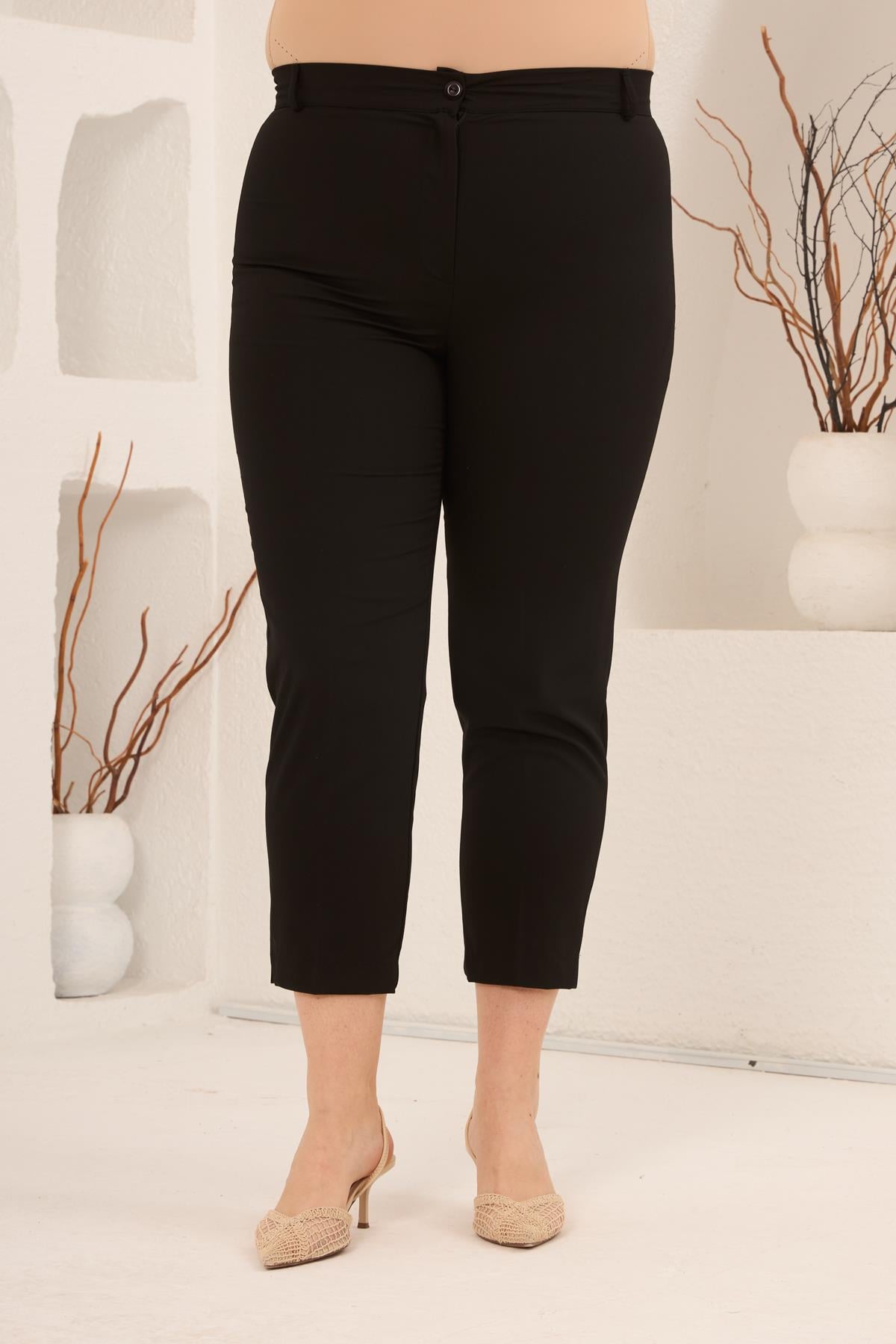 Paça Yırtmaçlı Büyük Beden Gabardin Pantolon Siyah