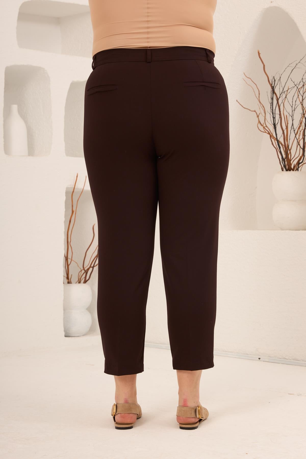Paça Yırtmaçlı Büyük Beden Gabardin Pantolon Kahve