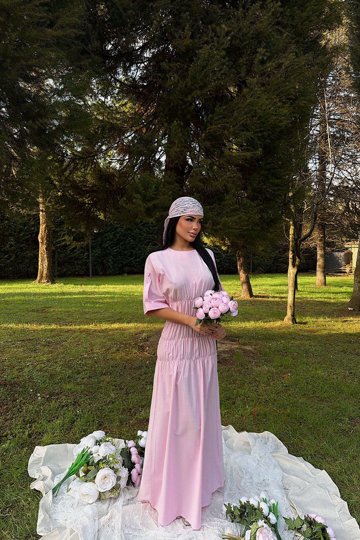 Pembe Volant Uzun Elbise ATE-3422