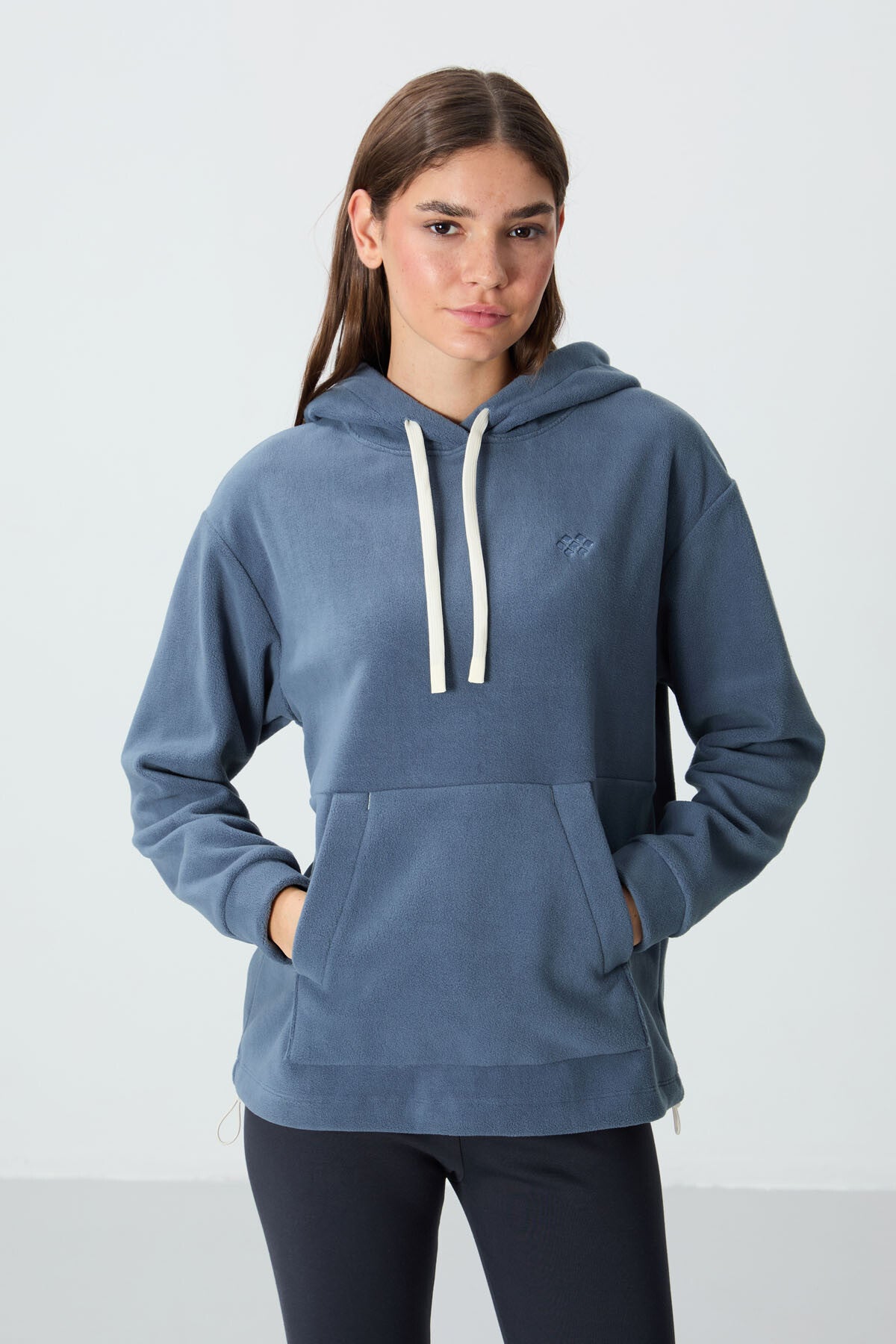 Petrol Kalın Yumuşak Dokulu Kapüşonlu Oversize Nakışlı Polar Kadın Sweatshirt - 97292