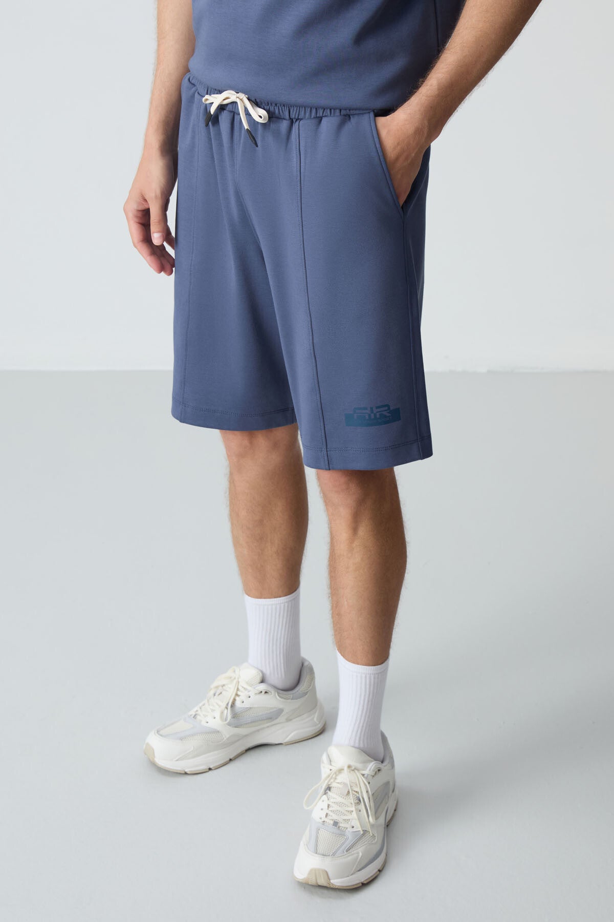 Petrol Pamuklu Kalın Yumuşak Dokulu Oversize Fit Basic Erkek Şort Takım - 85259