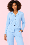 Açık Mavi Düğmeli Uzun Kollu %95 Pamuk Kadın Pijama Takımı