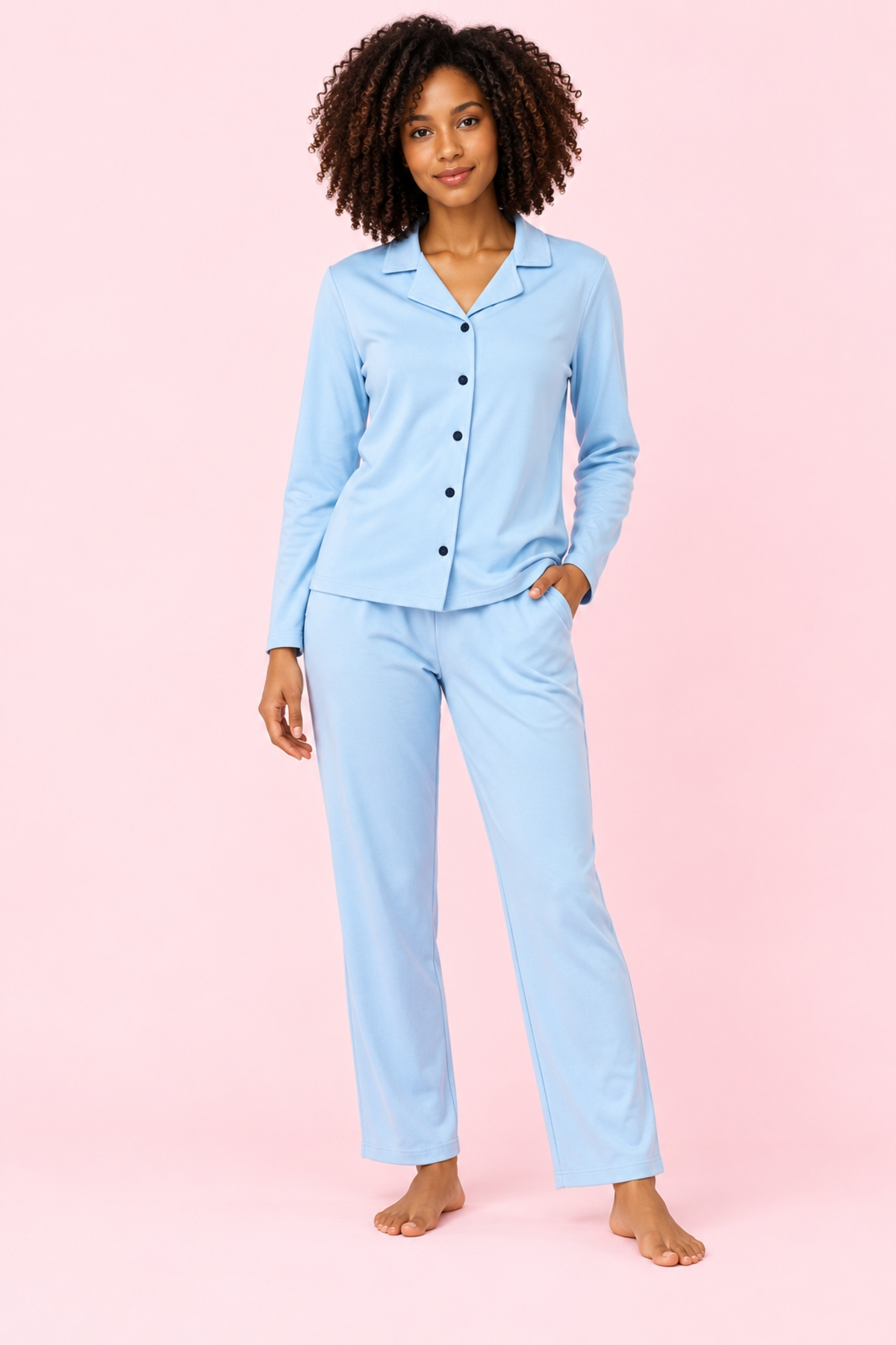 Açık Mavi Düğmeli Uzun Kollu %95 Pamuk Kadın Pijama Takımı