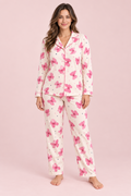 Büyük Beden Süet Kadın Pijama Takımı Krem Pembe Kelebek Desenli
