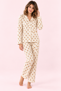 Kadın Ekru Ayıcık Desenli Önden Düğmeli Pijama Takımı