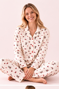 Kadın Ekru Ayıcık ve Fiyonk Desenli Önden Düğmeli Pijama Takımı