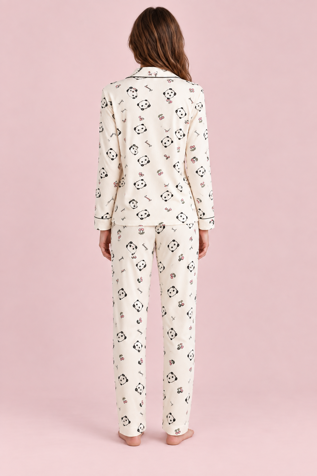 Kadın Panda Desenli Pijama Takımı Ekru İkili Takım