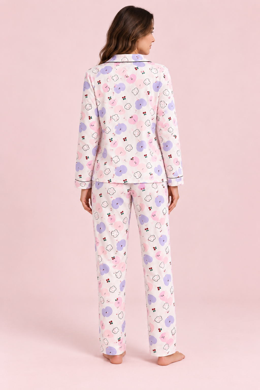 Kadın Pastel Bulut Desenli Pijama Takımı Ekru İkili Takım
