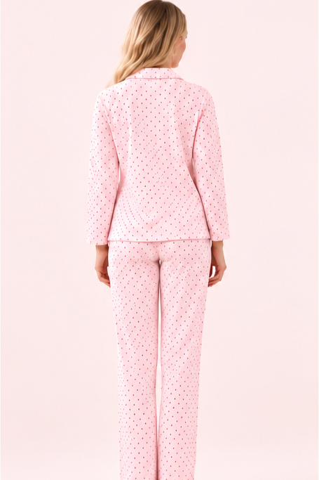 Kadın Pembe Puantiyeli Önden Düğmeli Pijama Takımı