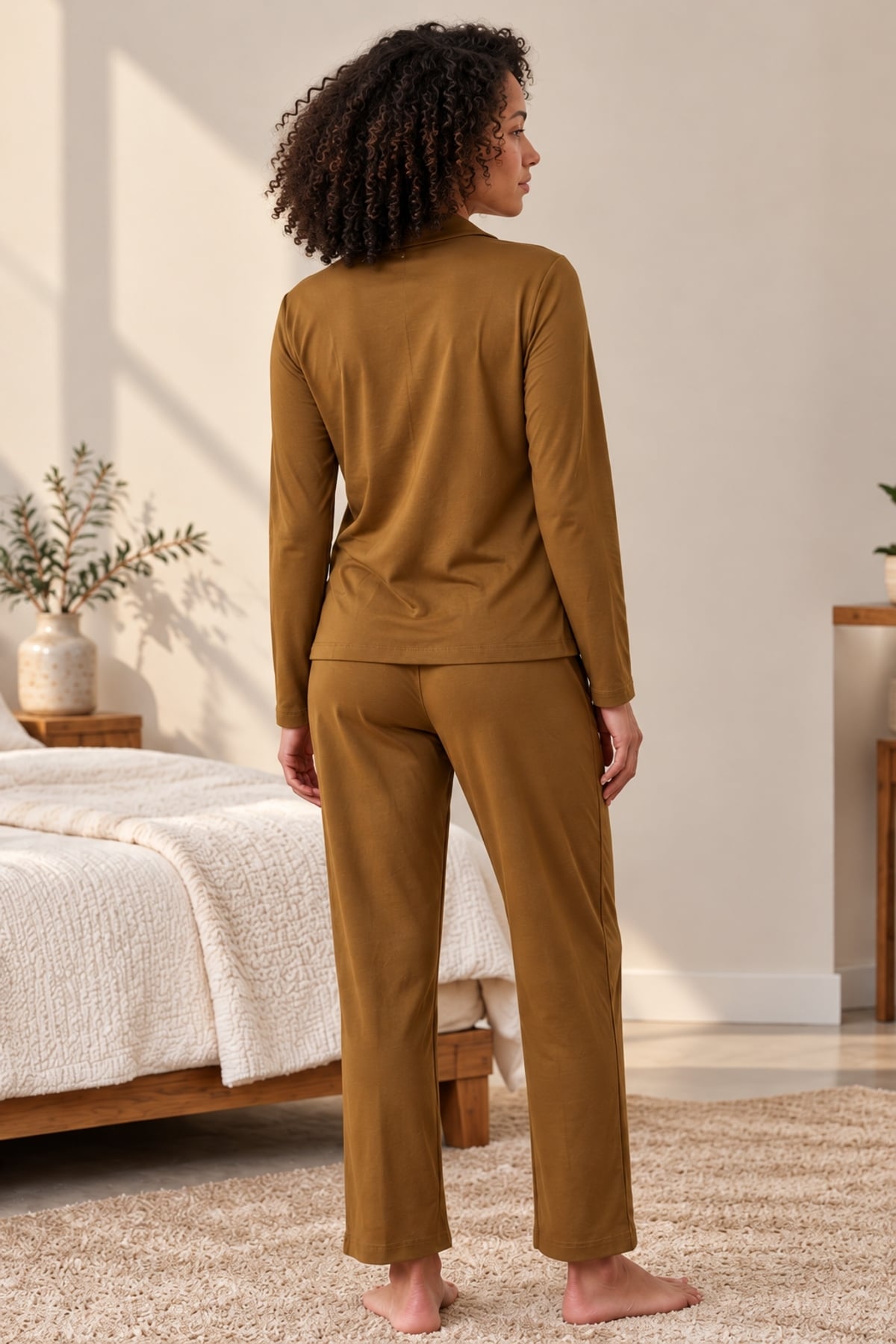 Kahverengi Düğmeli Uzun Kollu %95 Pamuk Kadın Pijama Takımı