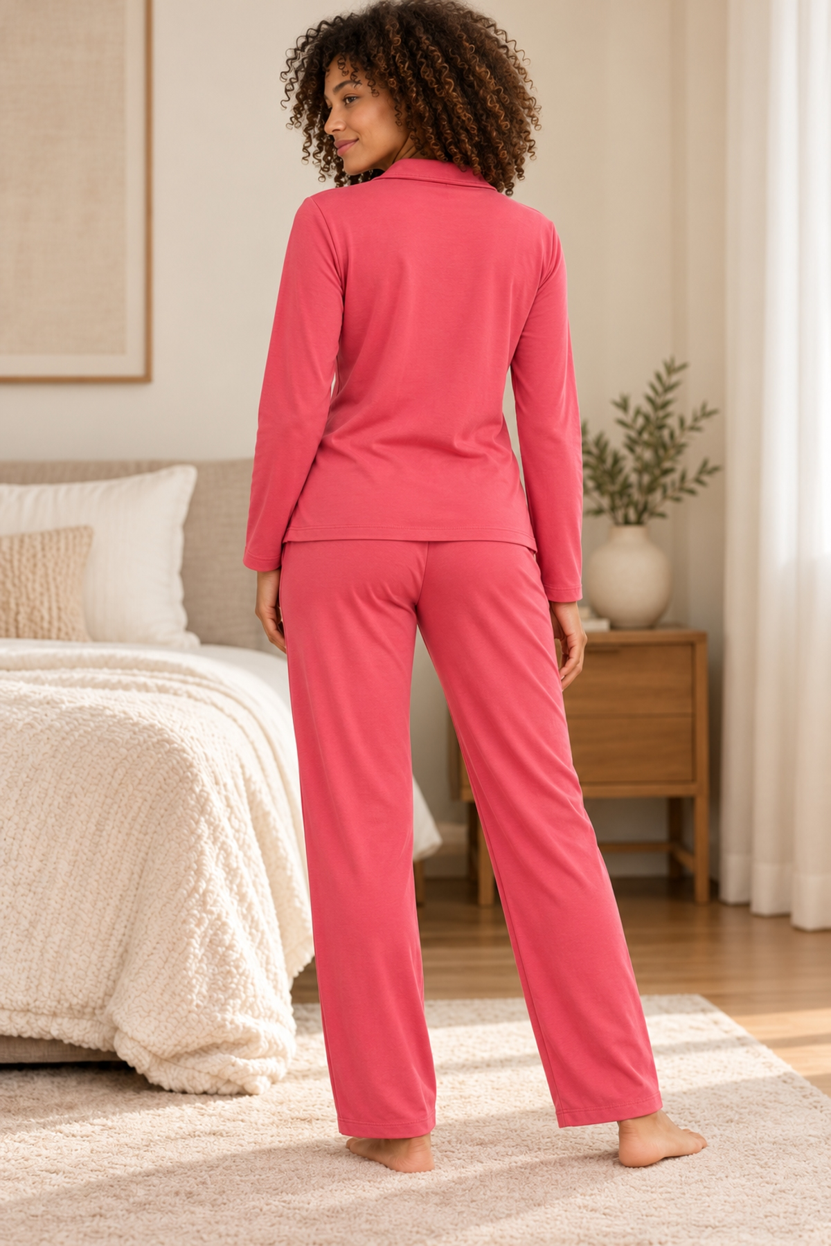 Pembe Düğmeli Uzun Kollu %95 Pamuk Kadın Pijama Takımı