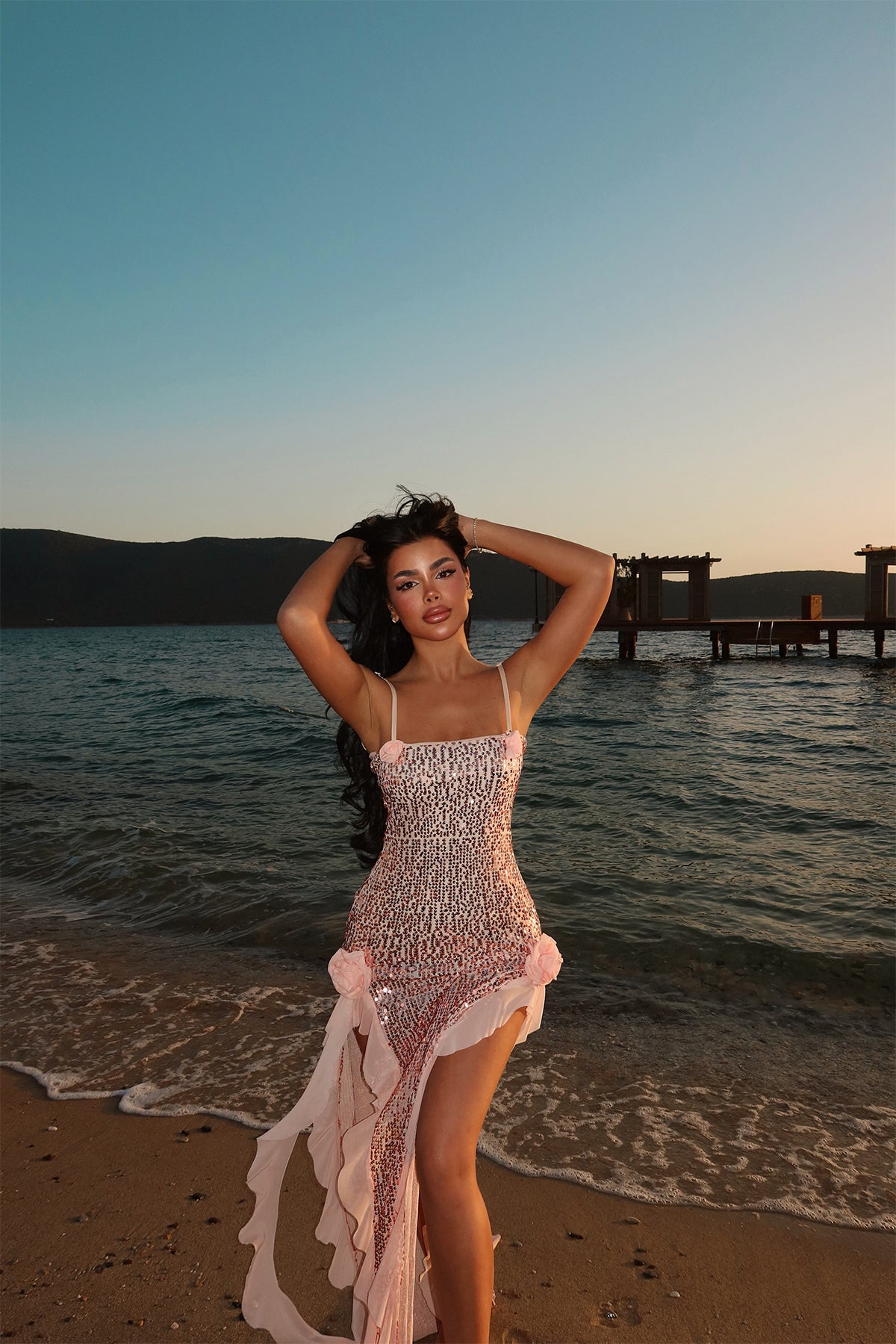 Pudra  Paxton Payetli Uzun Yırtmaçlı Elbise ATE-2614