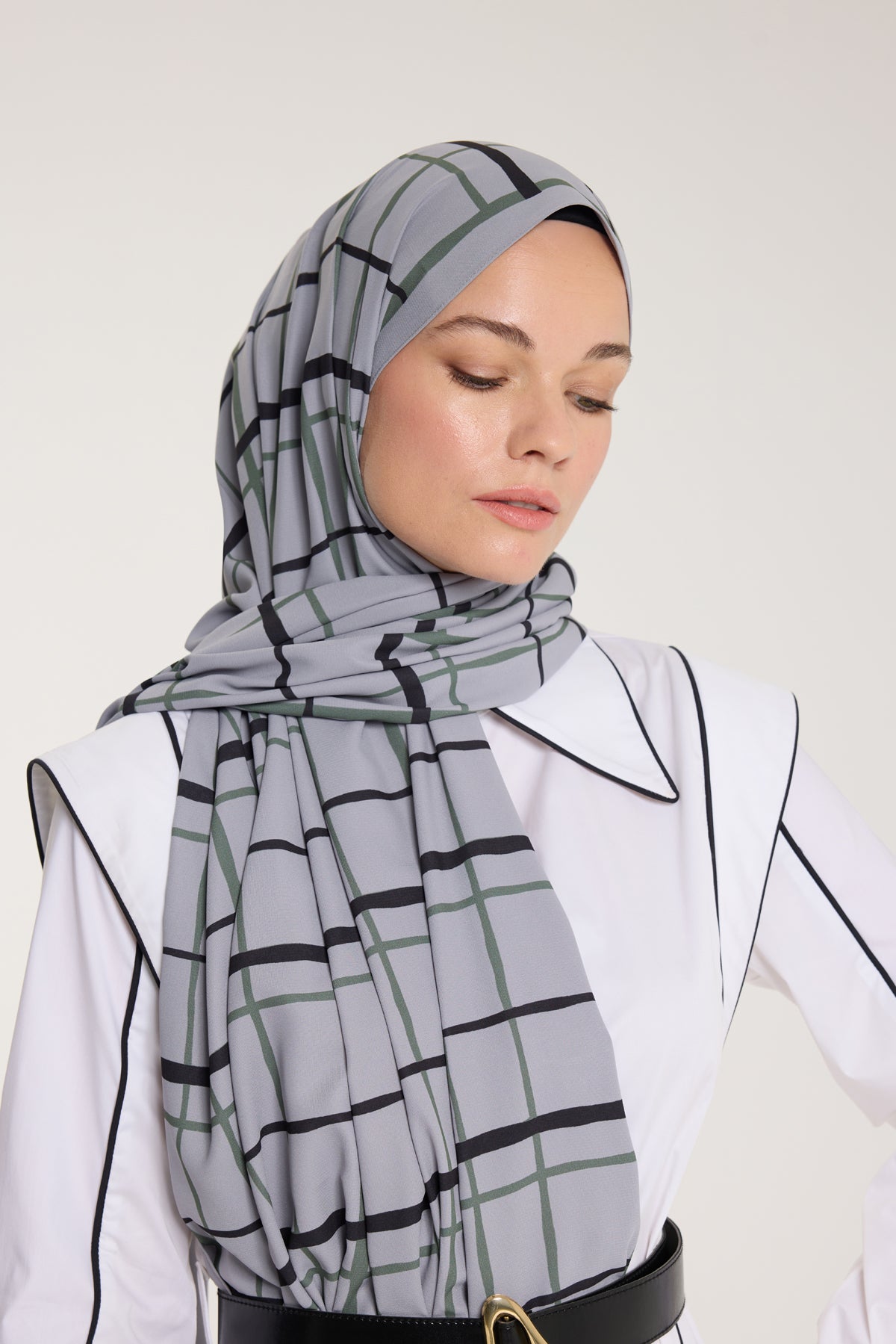 Pure Tone Şal - Kare Desen - Gümüş - Yeşil Laci