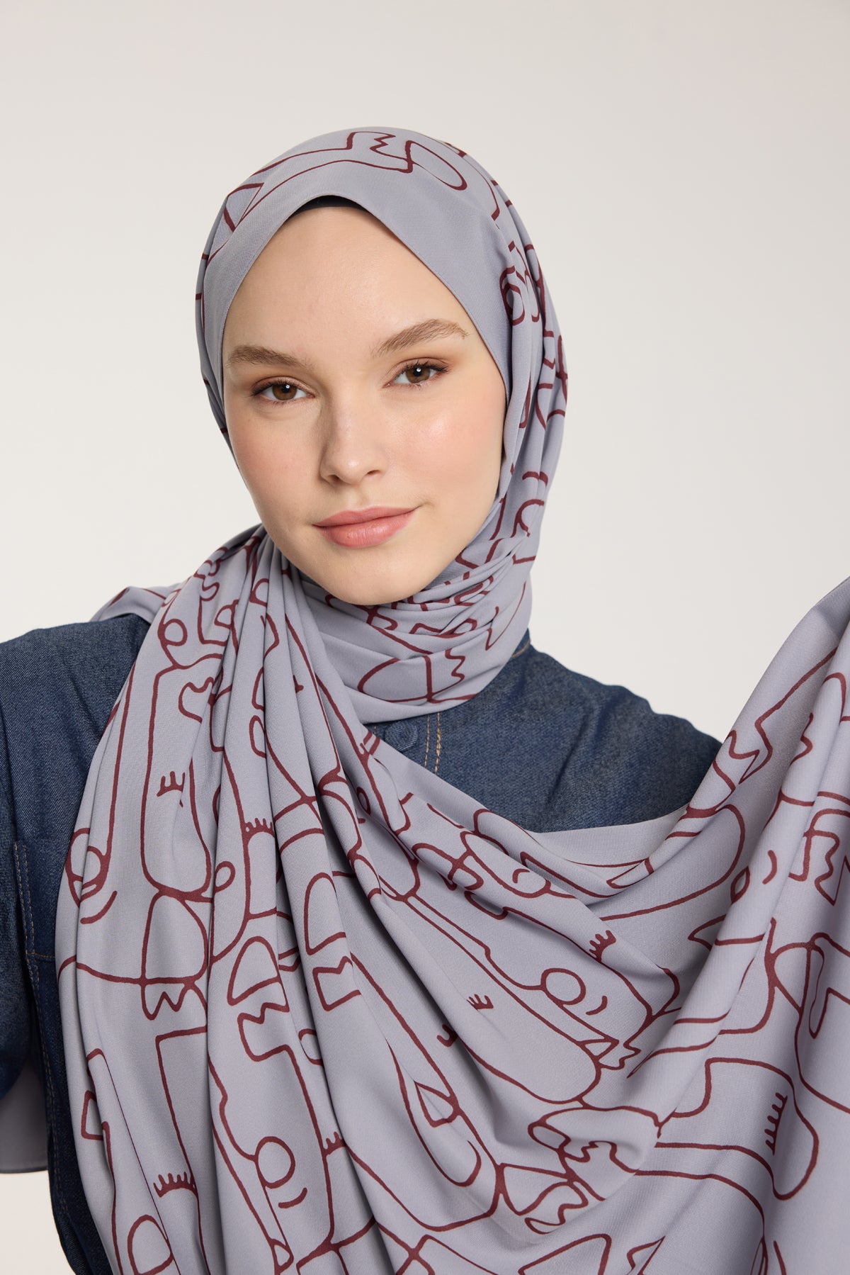 Pure Tone Şal - Marjinal Desen - Gümüş - Bordo