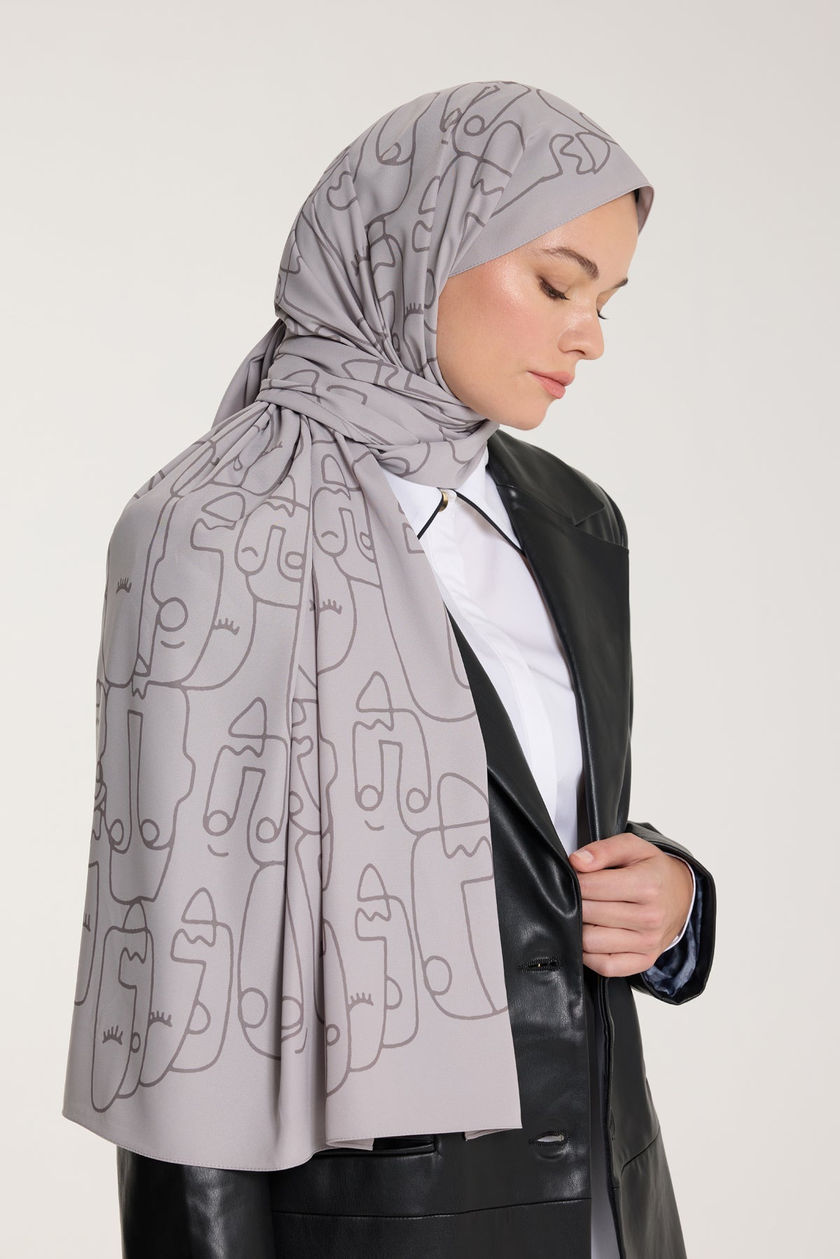 Pure Tone Şal - Marjinal Desen - Soft Gri - Gri