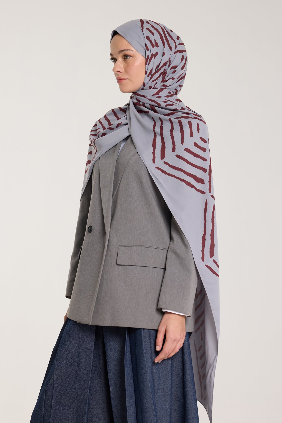 Pure Tone Şal - V Desen - Gümüş - Bordo