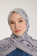 Pure Tone Shawl - Leaf Print - Soft Gray - Navy