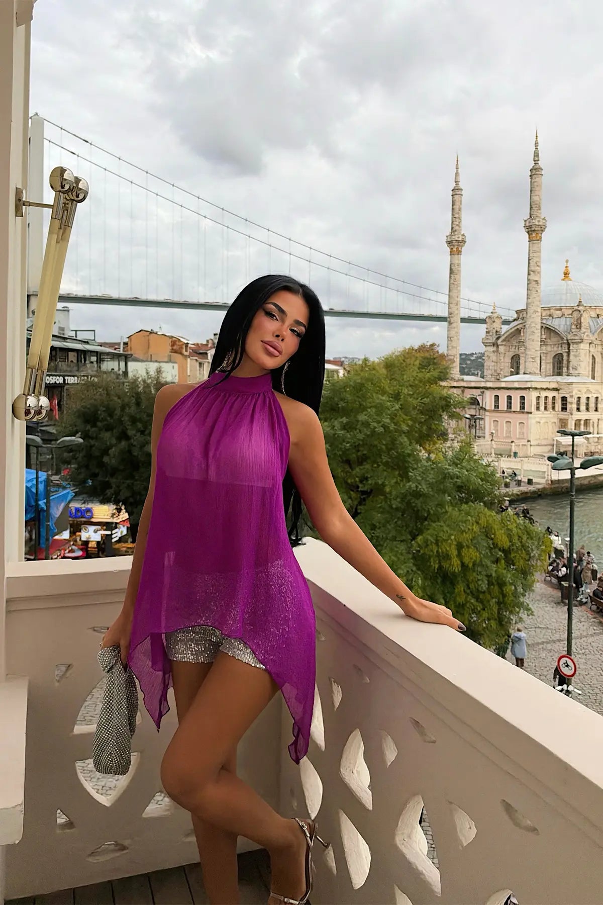 Mor Tül Detay Crop Top