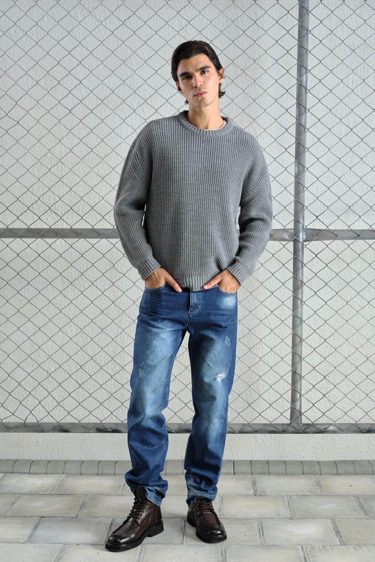 OVERSIZE DÖKÜMLÜ FİTİLLİ GRİ TRİKO KAZAK