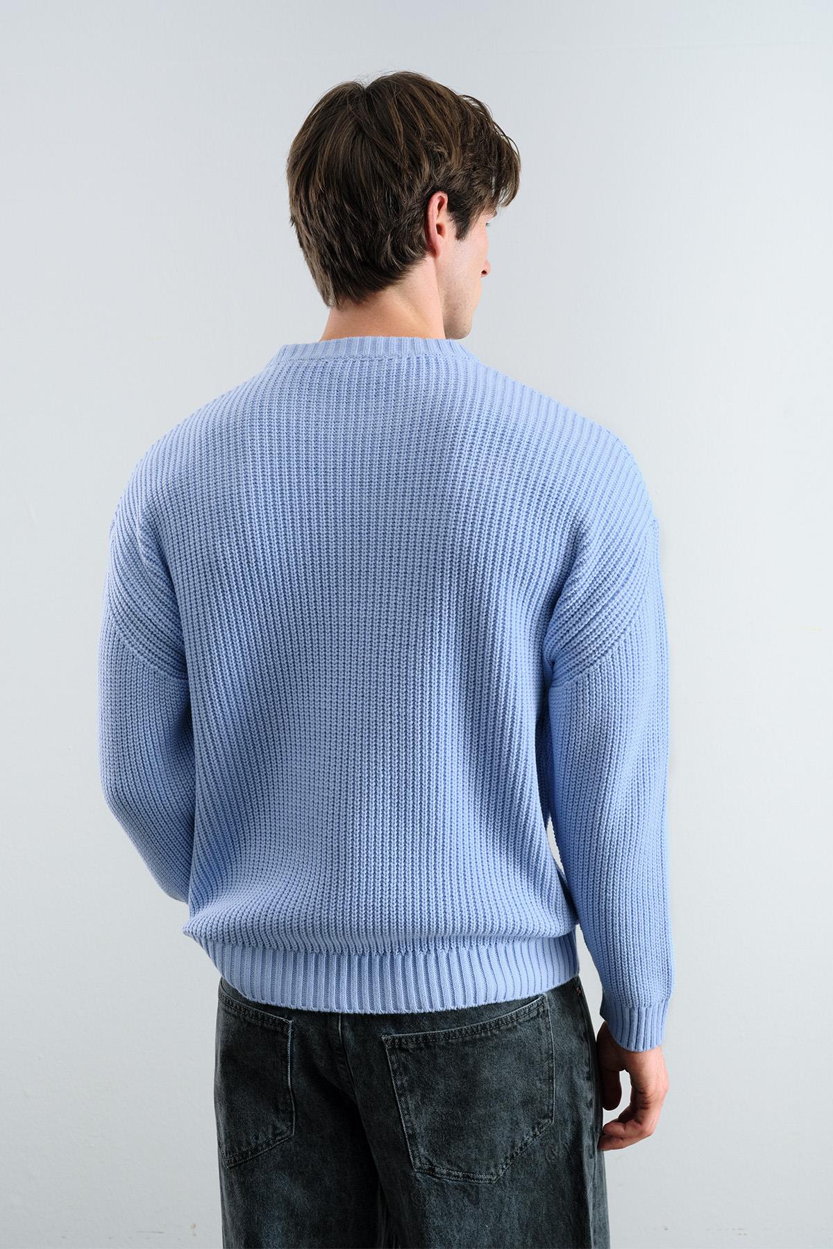 OVERSIZE DÖKÜMLÜ FİTİLLİ MAVİ TRİKO KAZAK