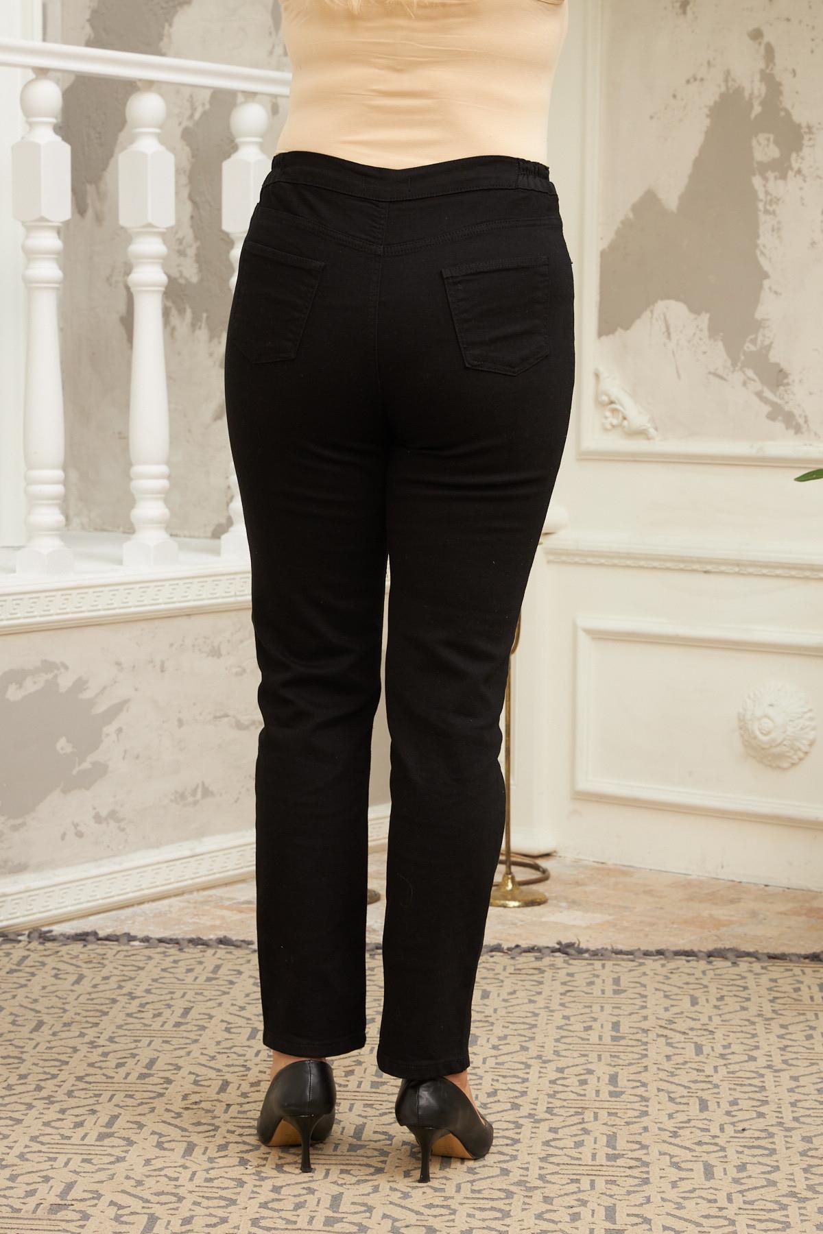 Beli Lastikli Büyük Beden Siyah Kot Pantolon