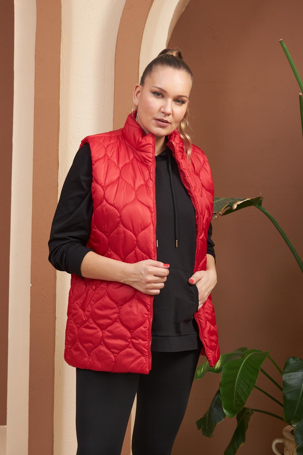 Kapitone Büyük Beden Kırmızı Yelek