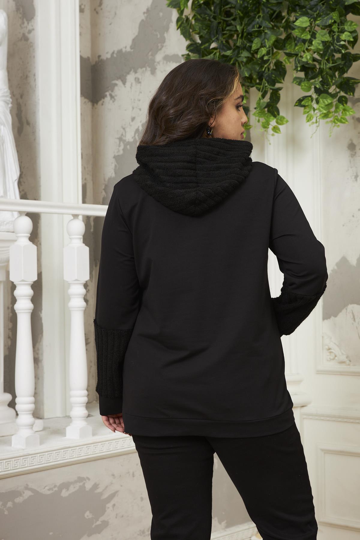 Kol Detaylı Büyük Beden Siyah Sweatshirt