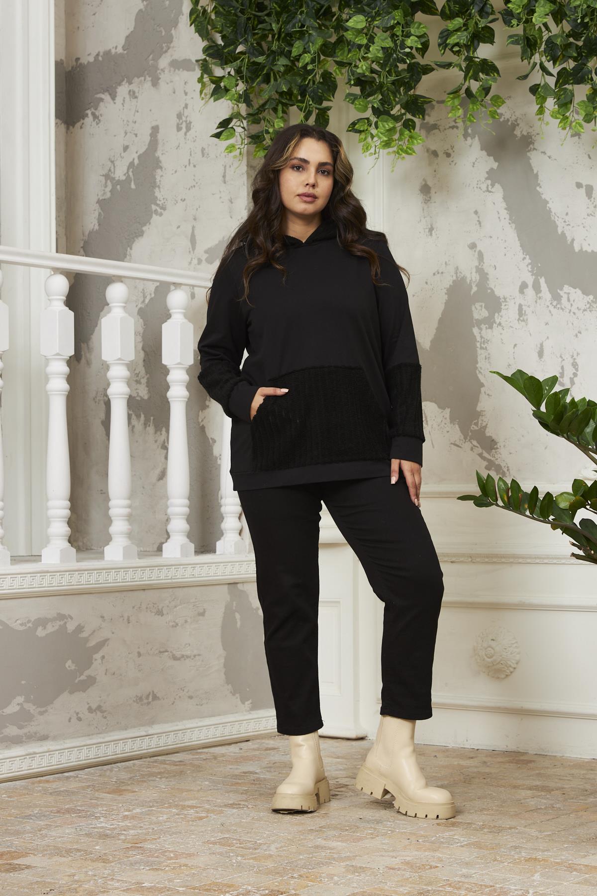 Kol Detaylı Büyük Beden Siyah Sweatshirt