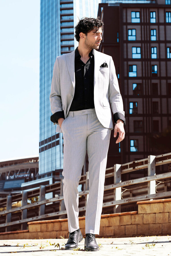 İki Parça Slim Fit Gri Erkek Takım Elbise - Wessi
