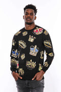 Black Crew Neck Stone-Studded and Printed Sweatshirt - Wessi
