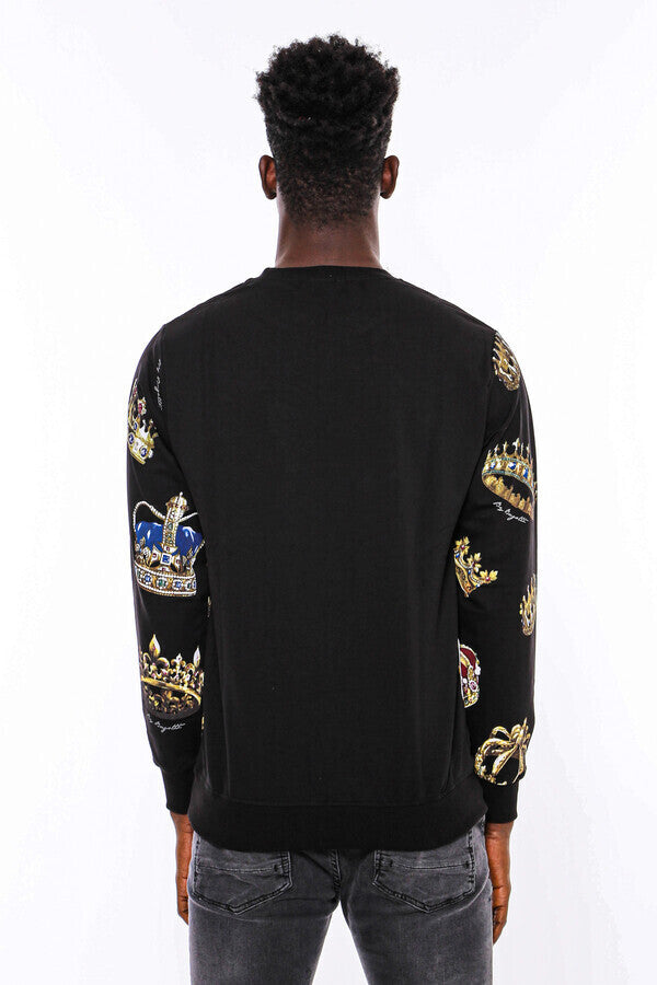 Siyah Bisiklet Yaka Taşlı Ve Baskılı Sweatshirt - Wessi