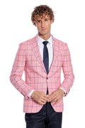Blue Square Pattern Slim Fit Pink Men's Jacket - Wessi