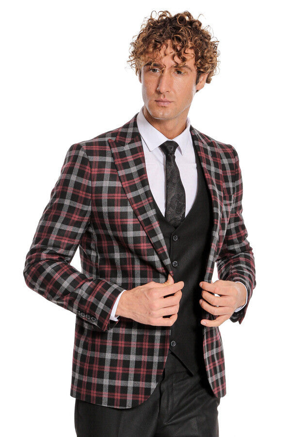 Bordo Ekose Ceketli Slim Fit Siyah Erkek Takım Elbise - Wessi