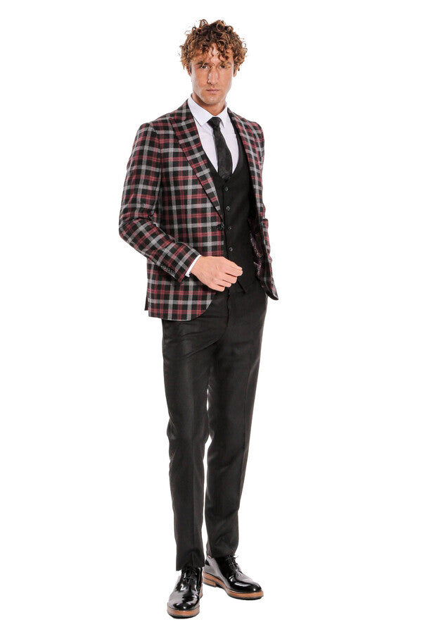Bordo Ekose Ceketli Slim Fit Siyah Erkek Takım Elbise - Wessi