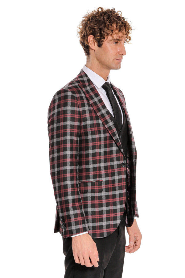 Bordo Ekose Ceketli Slim Fit Siyah Erkek Takım Elbise - Wessi