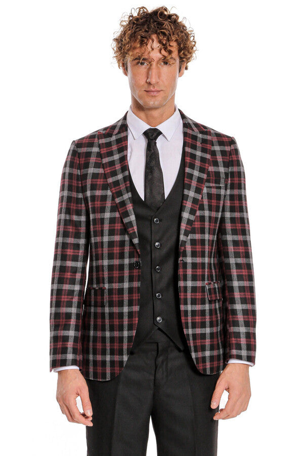 Bordo Ekose Ceketli Slim Fit Siyah Erkek Takım Elbise - Wessi