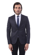 2 Button Checkered Navy Blue Men's Jacket - Wessi