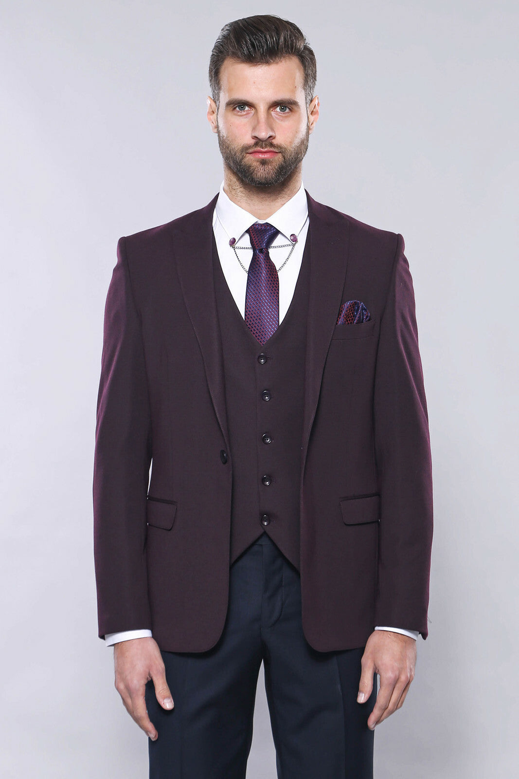 Düz Bordo Slim Fit Yelek Ceket Set | Wessi
