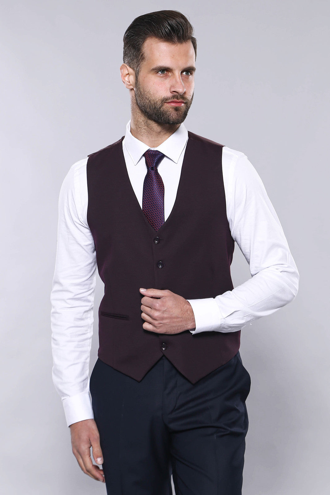 Düz Bordo Slim Fit Yelek Ceket Set | Wessi