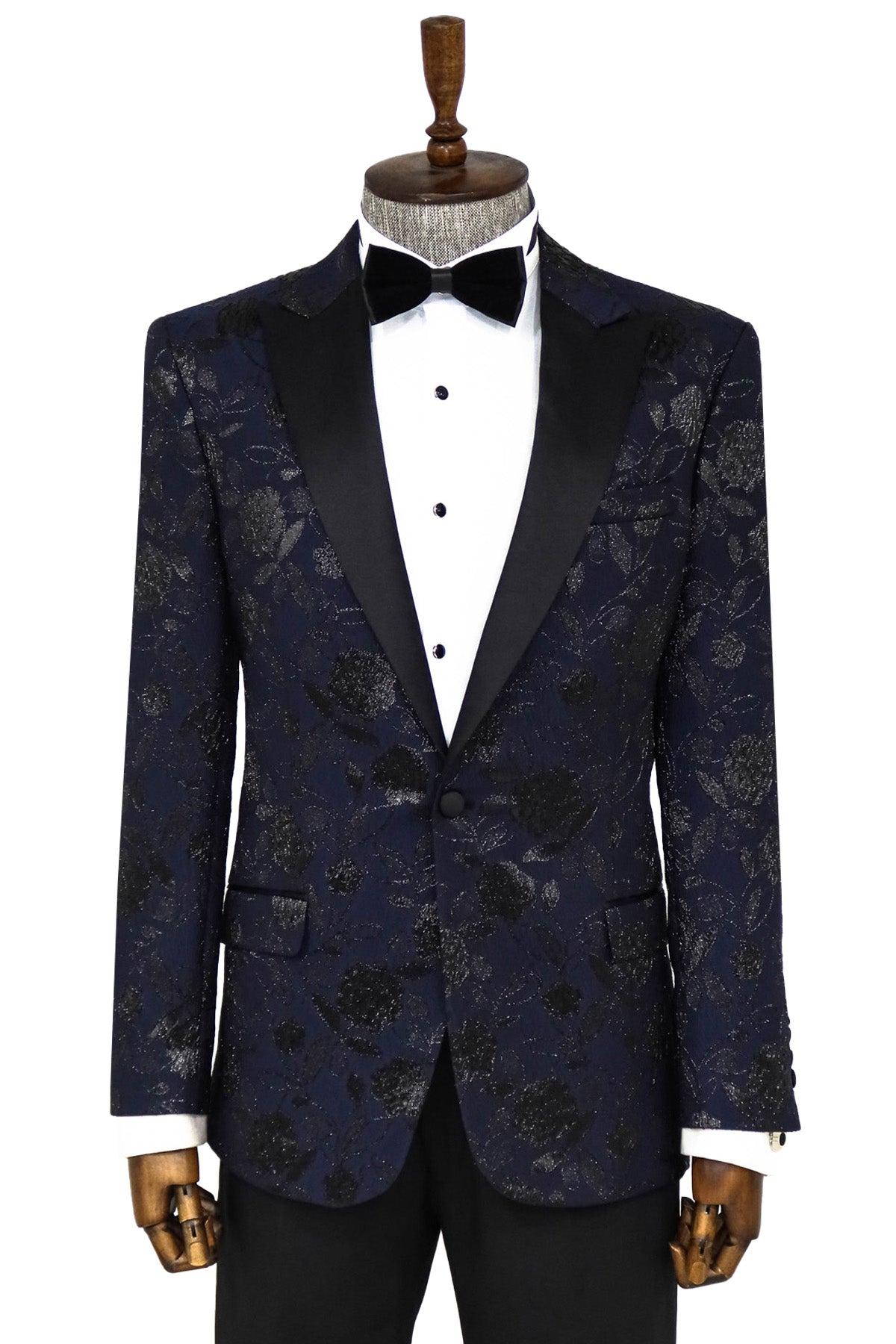 Lacivert Simli Floral Desenli Smokin Ceketi - Wessi