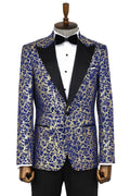 Root Patterned Pointed Collar Dark Blue Men's Tuxedo Jacket - Wessi