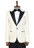 Root Patterned Pointed Collar White Men's Tuxedo Jacket - Wessi