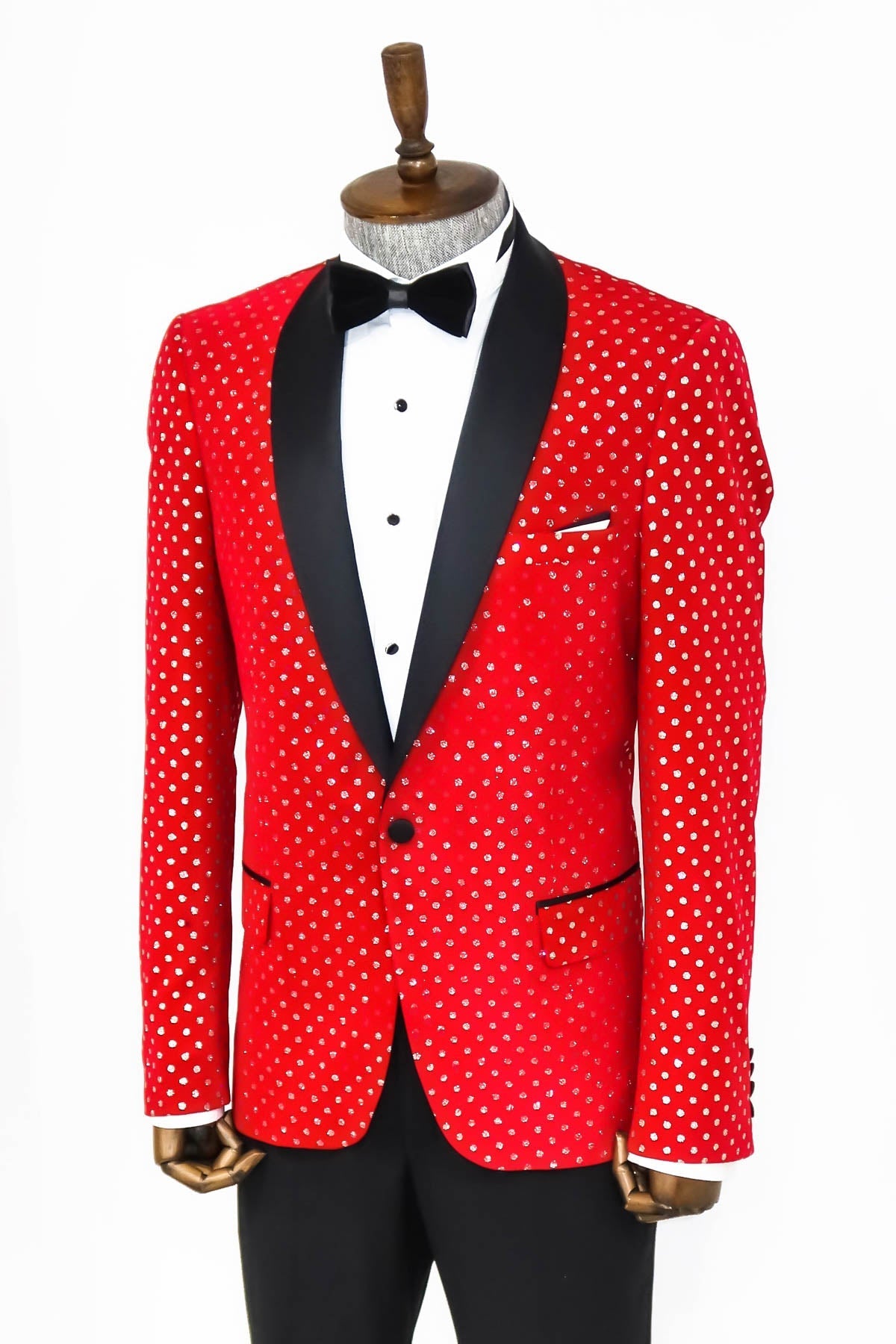 Nokta Desenli Slim Fit Kırmızı Erkek Smokin Ceket - Wessi