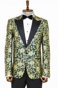 Gold Rose Patterned Slim Fit Green Men's Tuxedo Jacket - Wessi