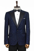 Hipnoz Desen Sivri Yaka Slim Fit Lacivert Erkek Smokin Ceket - Wessi
