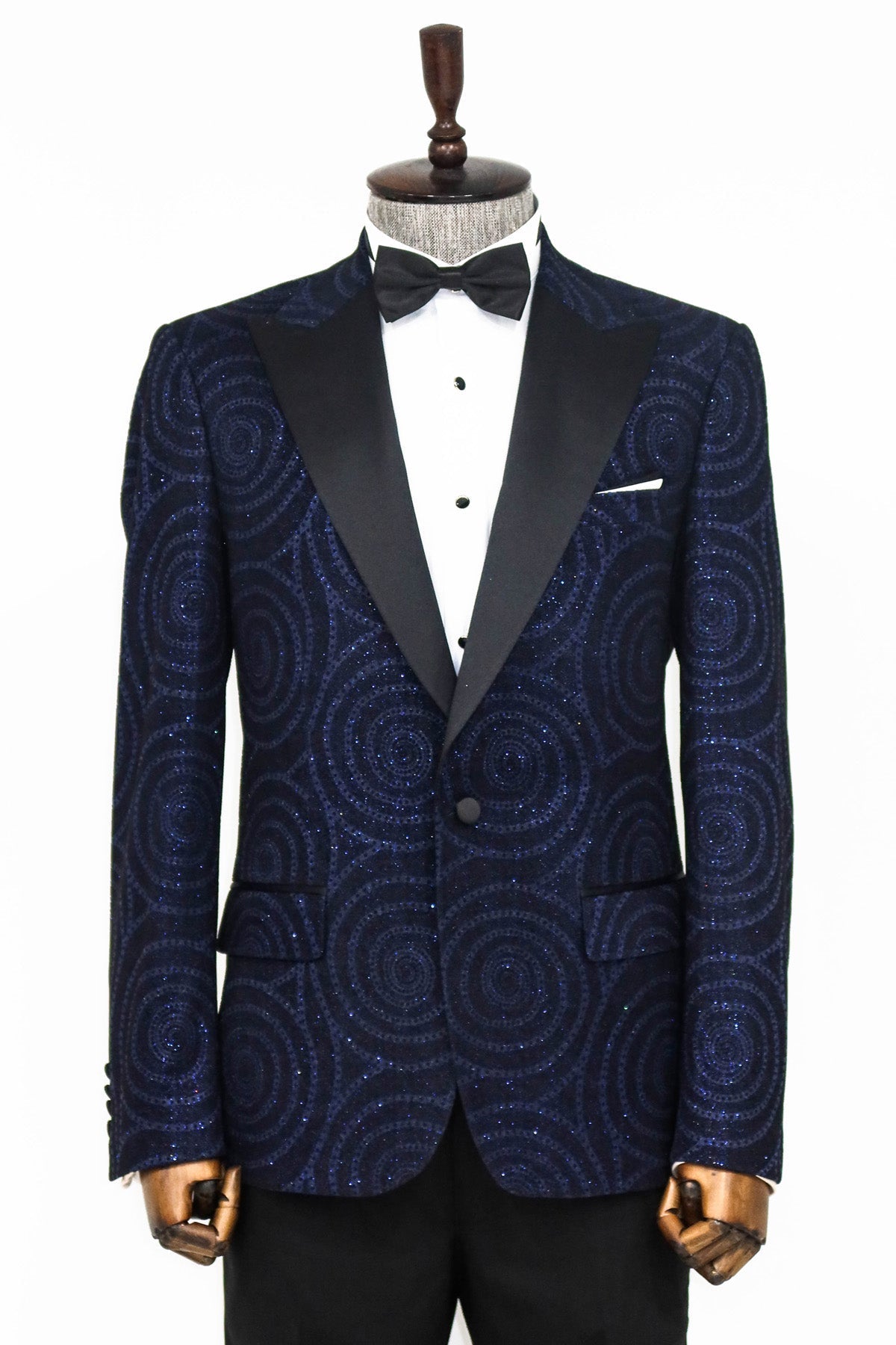 Hipnoz Desen Sivri Yaka Slim Fit Lacivert Erkek Smokin Ceket - Wessi