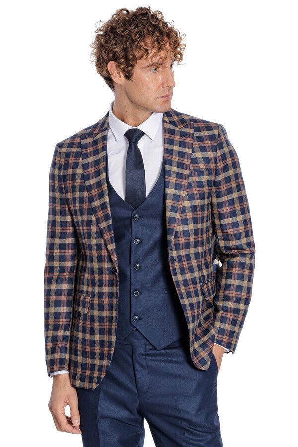 Ekose Ceketli Slim Fit Lacivert Erkek Takım Elbise - Wessi