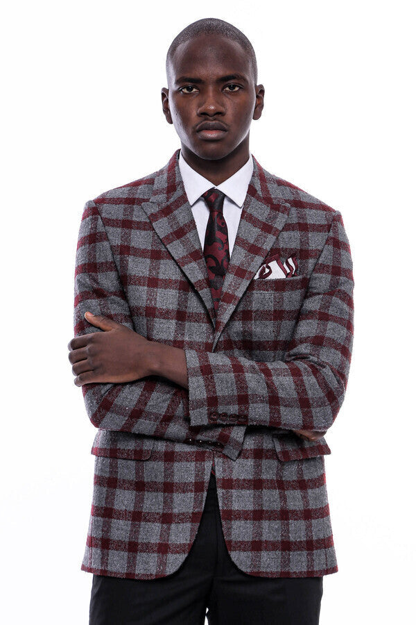 Ekose Sivri Yaka Slim Fit Bordo Erkek Ceket - Wessi