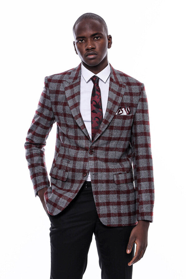 Ekose Sivri Yaka Slim Fit Bordo Erkek Ceket - Wessi