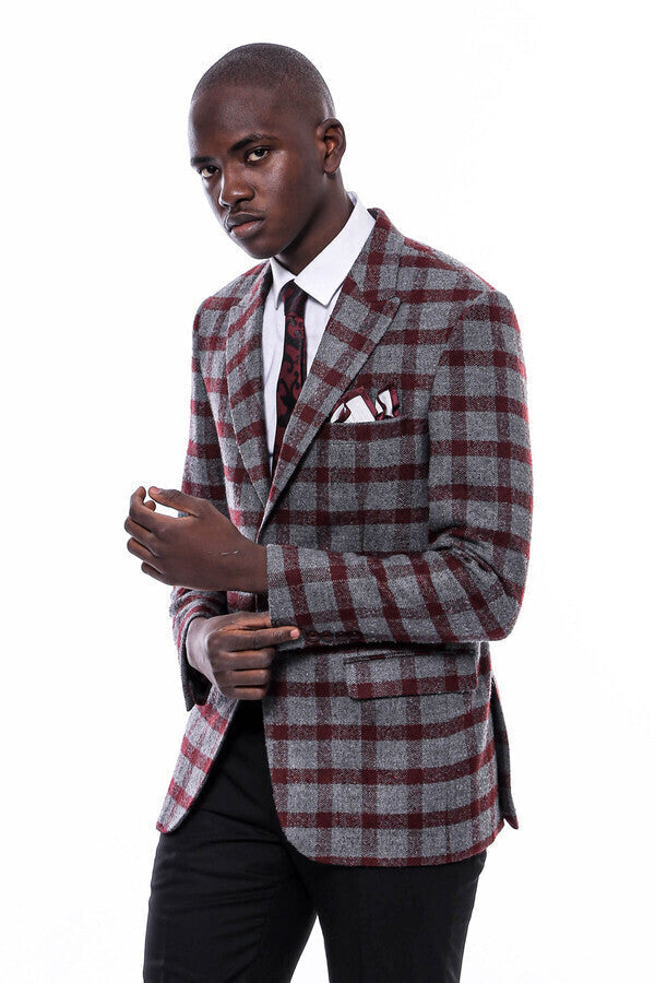 Ekose Sivri Yaka Slim Fit Bordo Erkek Ceket - Wessi